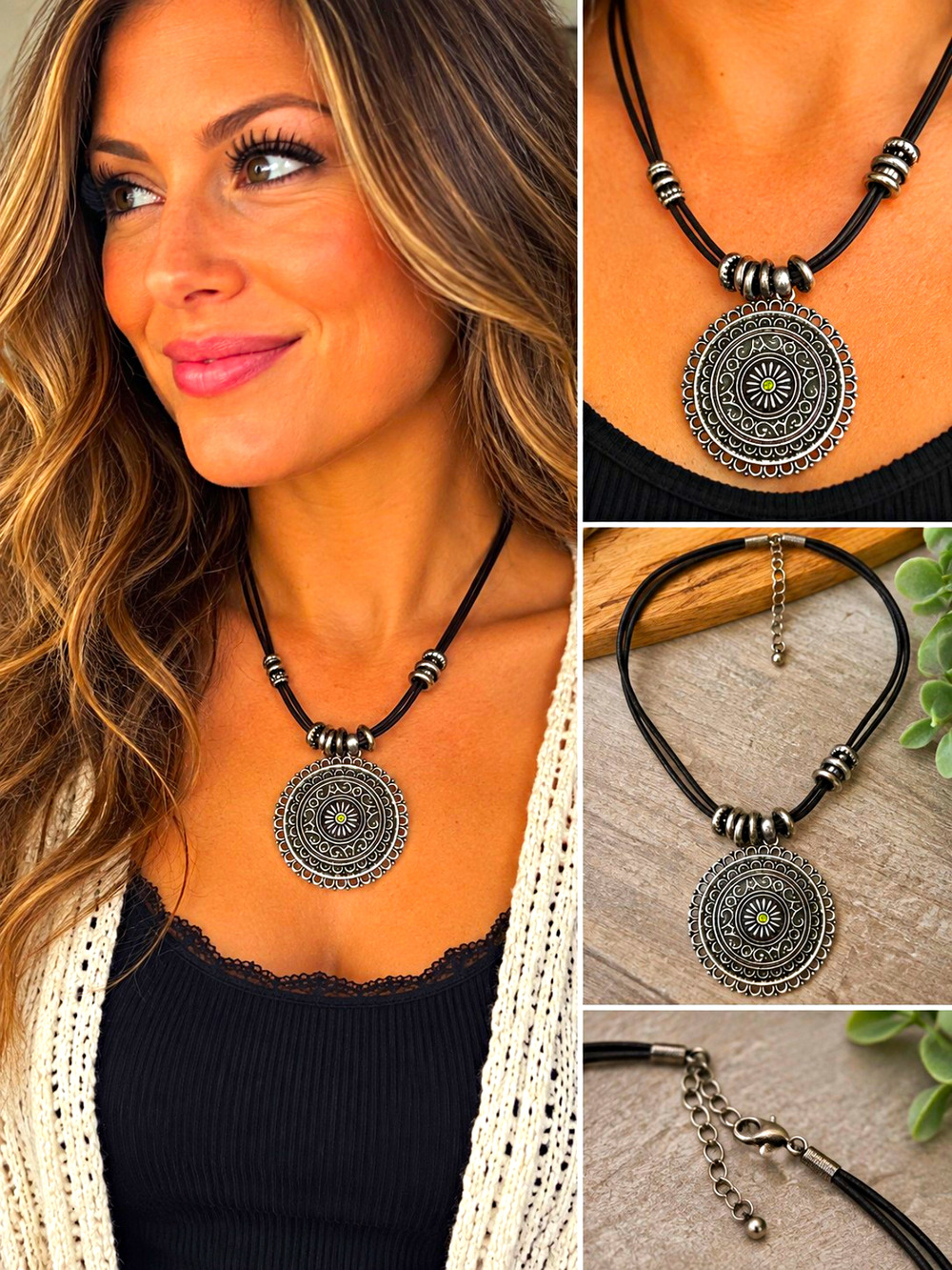 Boho Silver Tone Round Medallion Pendant Necklace Black Cord Green Rhinestone
